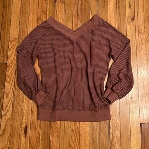 Oversized long sleeve waffle knit v neck/back top